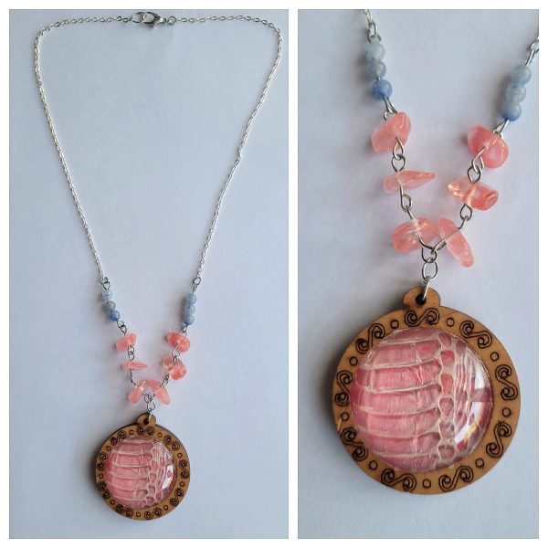 Ketting met slangenhuid, Roze Kwarts & Blauwe Agaat